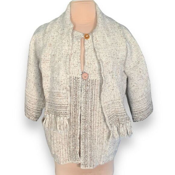 Vintage Shepherds Harvest Knit Wool Cardigan Sweater Oatmeal Fringe Scarf - Picture 10 of 10